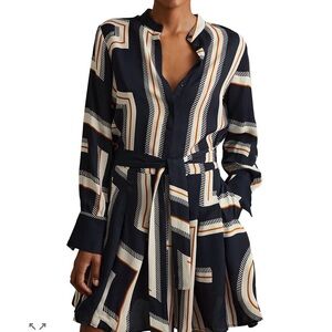 Reiss Navy and Cream Long Sleeve Dress